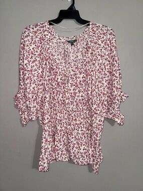 Terra & Sky Pink Floral Peasant Blouse 3X BNWT